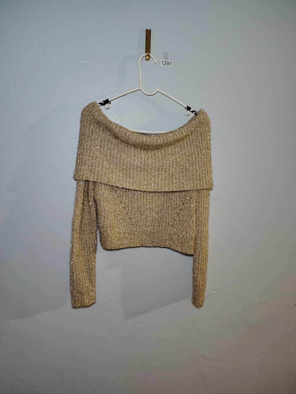Forever 21 Gold Metallic Off-Shoulder Foldover Cropped Sweater